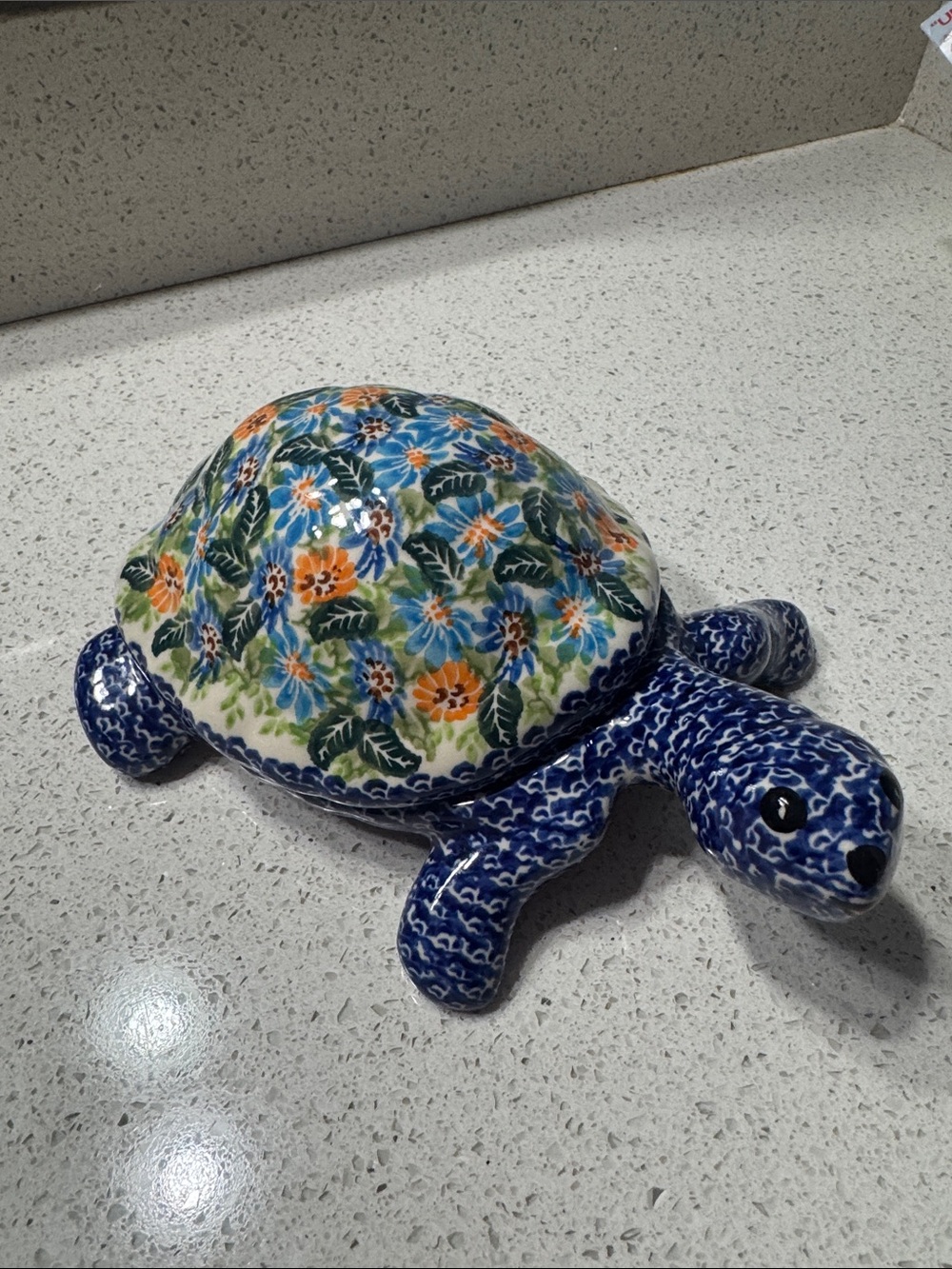 Polish Pottery Ceramic Turtle with Lid - Blue Floral Shell
